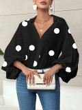 Polka Dot Half-Placket Loose Puff Long-Sleeve Blouse