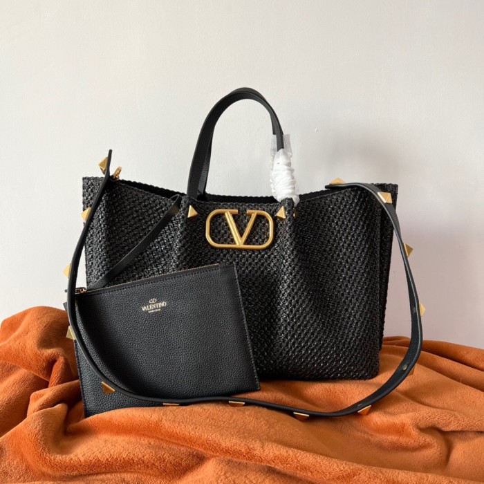 Valentino Black Straw Large Tote Bag