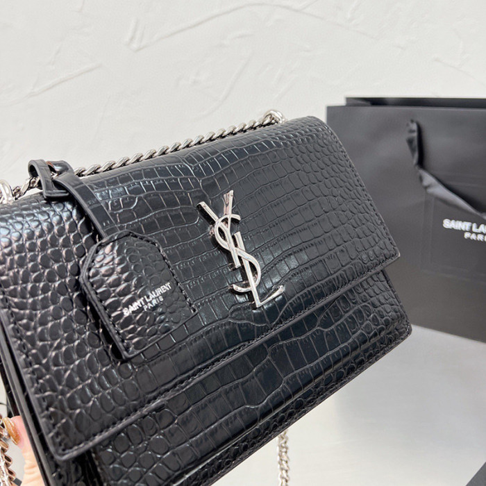 YSL Sunset 22cm Crocodile Grain Designer Crossbody Bag Sliver Gold Hardware Women Fashion Single Shoulder Messenger Bag