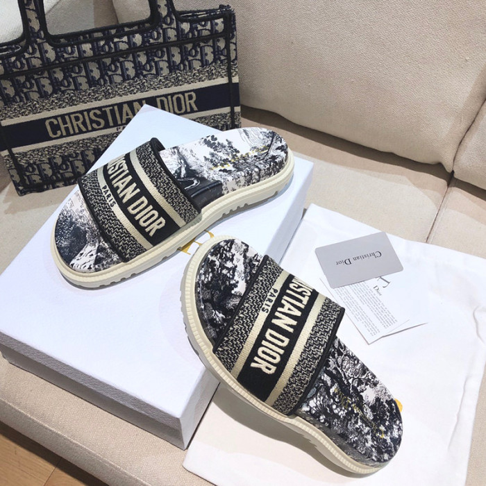 Dior Women Embroidery Flat Sandals Slides Designer Slippers  Sketch Thick Soles Leopard Grain Outdoor Beach Slipper Shoes