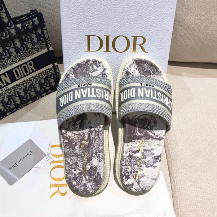 Dior Women Embroidery Flat Sandals Slides Designer Slippers  Sketch Thick Soles Leopard Grain Outdoor Beach Slipper Shoes