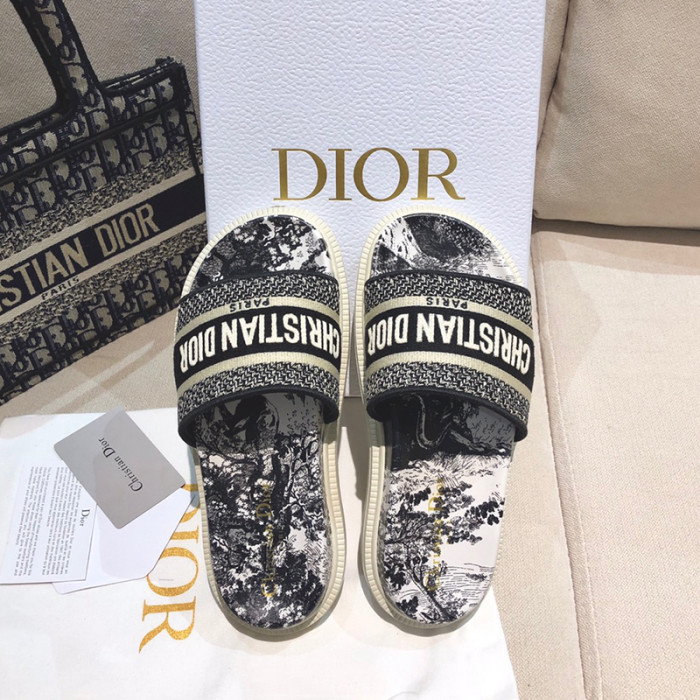 Dior Women Embroidery Flat Sandals Slides Designer Slippers  Sketch Thick Soles Leopard Grain Outdoor Beach Slipper Shoes