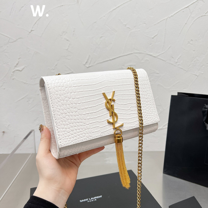 YSL Kate 22cm Crocodile Grain Designer Crossbody Bag Sliver Gold Hardware Tassel Chain Single Shoulder Messenger Bag 4 Colors