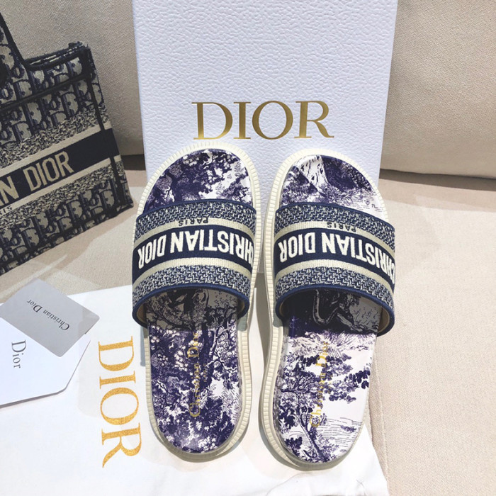Dior Women Embroidery Flat Sandals Slides Designer Slippers  Sketch Thick Soles Leopard Grain Outdoor Beach Slipper Shoes