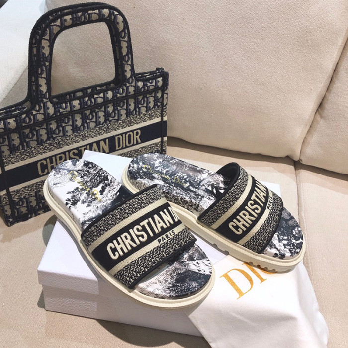 Dior Women Embroidery Flat Sandals Slides Designer Slippers  Sketch Thick Soles Leopard Grain Outdoor Beach Slipper Shoes