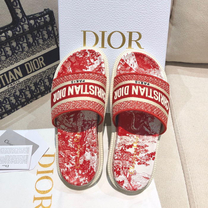 Dior Women Embroidery Flat Sandals Slides Designer Slippers  Sketch Thick Soles Leopard Grain Outdoor Beach Slipper Shoes