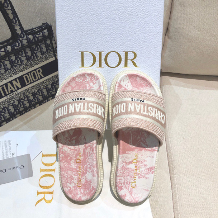 Dior Women Embroidery Flat Sandals Slides Designer Slippers  Sketch Thick Soles Leopard Grain Outdoor Beach Slipper Shoes