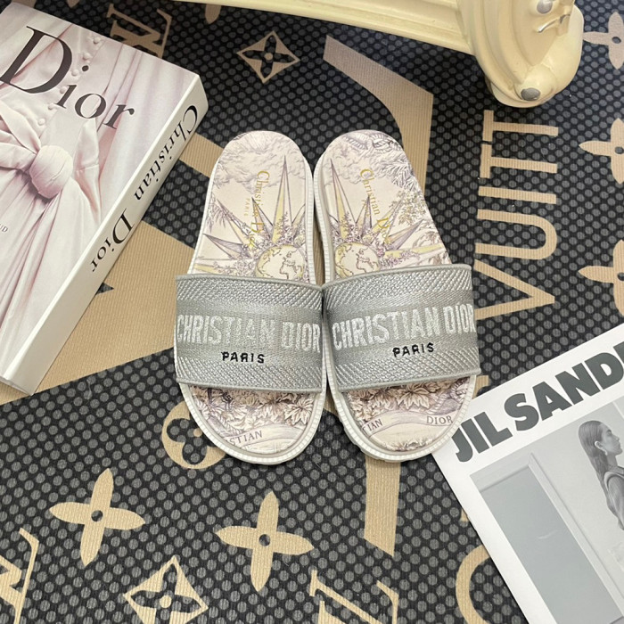 Dior Women Embroidery Flat Sandals Slides Designer Slippers  Sketch Thick Soles Leopard Grain Outdoor Beach Slipper Shoes