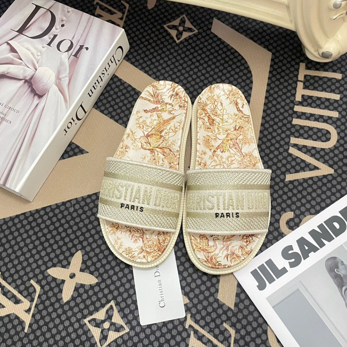 Dior Women Embroidery Flat Sandals Slides Designer Slippers  Sketch Thick Soles Leopard Grain Outdoor Beach Slipper Shoes