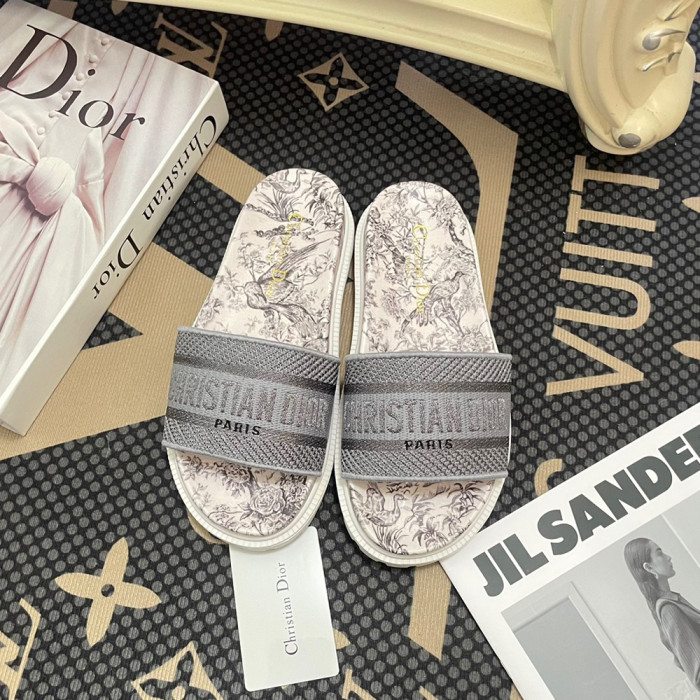 Dior Women Embroidery Flat Sandals Slides Designer Slippers  Sketch Thick Soles Leopard Grain Outdoor Beach Slipper Shoes