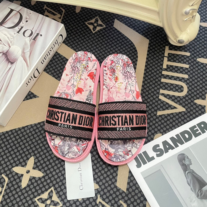 Dior Women Embroidery Flat Sandals Slides Designer Slippers  Sketch Thick Soles Leopard Grain Outdoor Beach Slipper Shoes