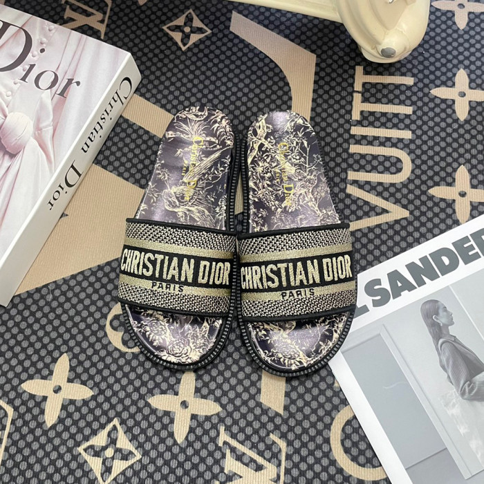 Dior Women Embroidery Flat Sandals Slides Designer Slippers  Sketch Thick Soles Leopard Grain Outdoor Beach Slipper Shoes