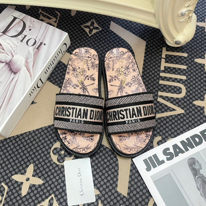 Dior Women Embroidery Flat Sandals Slides Designer Slippers  Sketch Thick Soles Leopard Grain Outdoor Beach Slipper Shoes