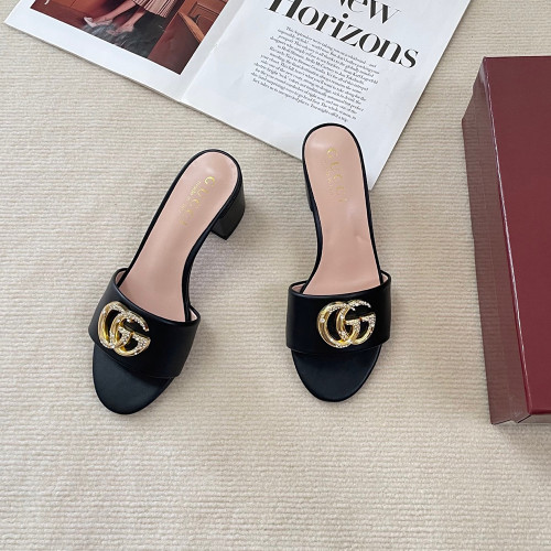Gucci Ladies 6cm Block Heel Slippers Luxury Designer Shoes Loafers Outdoor Beach Shoes Fashionable Sandals 35 to 41