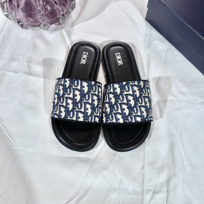 Dior Men Embroidery Flat Sandals Slides Designer Slippers  Sketch Thick Soles Leopard Grain Outdoor Beach Slipper Shoes