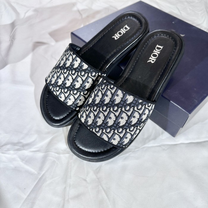 Dior Men Embroidery Flat Sandals Slides Designer Slippers  Sketch Thick Soles Leopard Grain Outdoor Beach Slipper Shoes