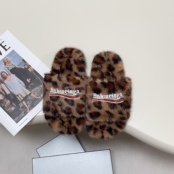 Balenciaga Women Leopard Print Woolen Designer Slippers Flat Sandals Winter Indoor Designer Shoes Size 35 To 40