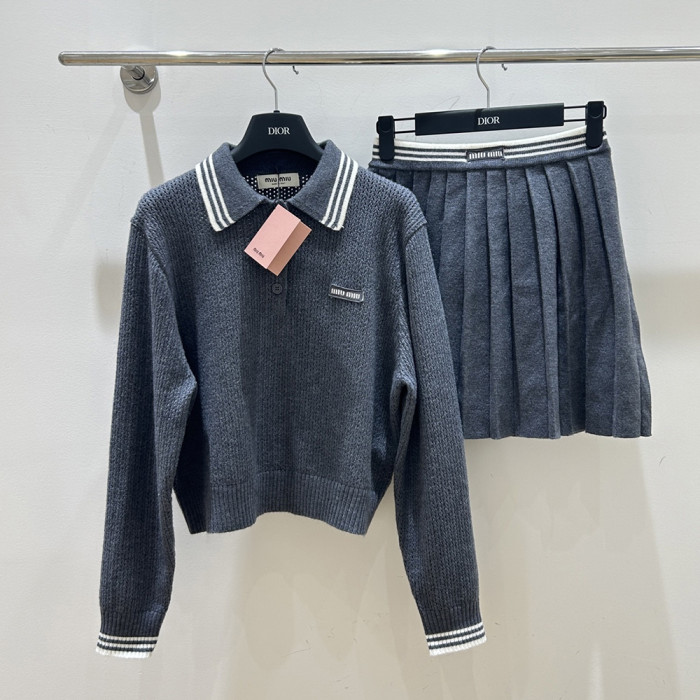 MiuMiu 2025 Luxury Designer Clothes For Women Slip-on Polo Knit Sweater Knit Mini Skirt Sweatsuit Set No Box