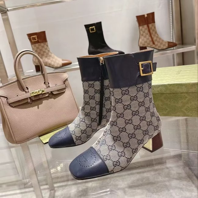 Gucci 5cm Block Heel Designer Shoes Restoring Ancient Ways Round-toed Boots 35 to 39