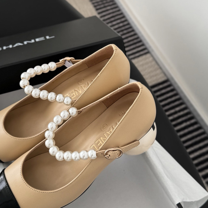 Chanel Pearl Heel Pumps Luxury Designer Shoes Classic Everyday Mary Jean Flat Shoes