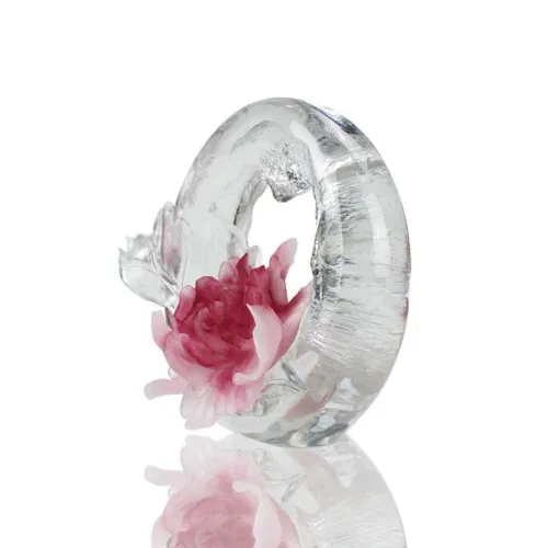 Crystal Liuli Art Crafts Red and White Peony Decorative Ornament with Crystal Base