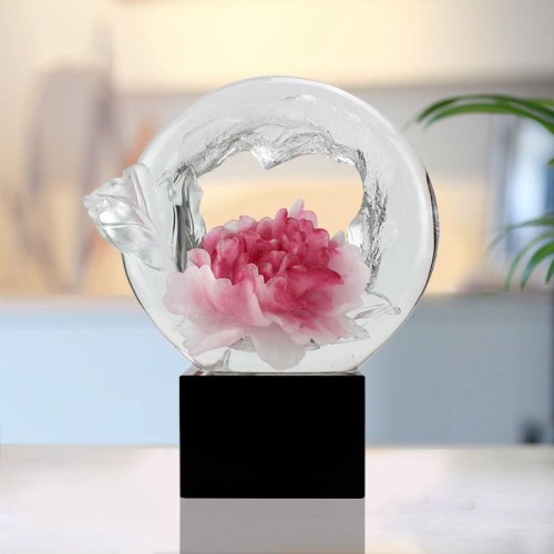 Crystal Liuli Art Crafts Red and White Peony Decorative Ornament with Crystal Base