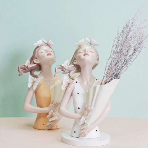 Hot Creative Resin Flower Girl Statue Home Decoration Christmas Figurine Gift Europe Sculpture Stand Flower Vase