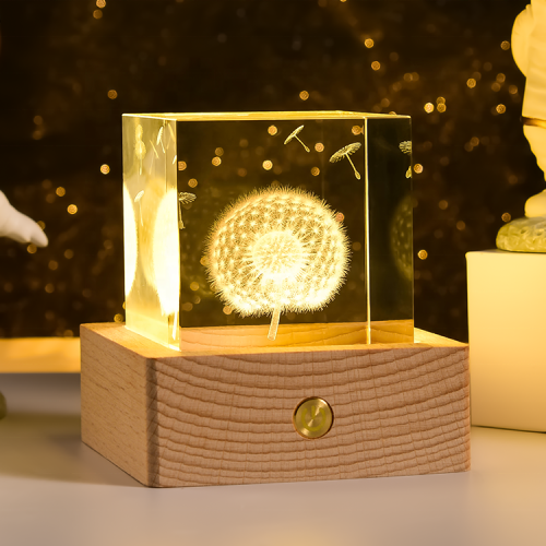 Wholesale souvenir 3D laser engraved dandelion crystal glass paperweight cube(10pcs)