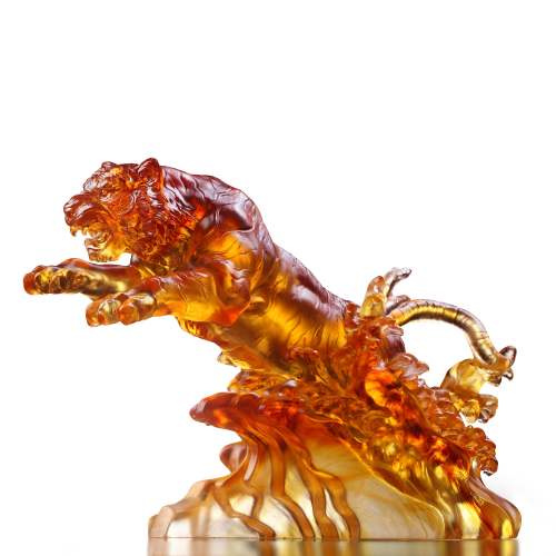 LIULI Crystal Tiger, Chinese Zodiac, Mighty Roar, Amber