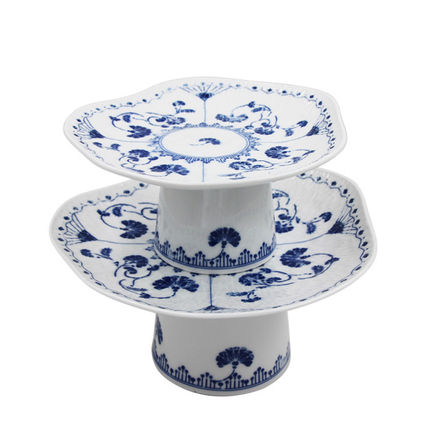 Antiqued Blue-White Porcelain High Foot Service Tray Display Dish with Qinghua Ceramics High Quality for Home and Party