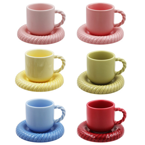 Decorative Macaron Style Ceramic Cup and Saucer Set 80ml Capacity with 6 colors Option Promotion Coffee Set as Gift Coffee Mug for Home and Cafe Restaurant Ceramic Espresso Coffee Cup and Saucer LFGB as Gift