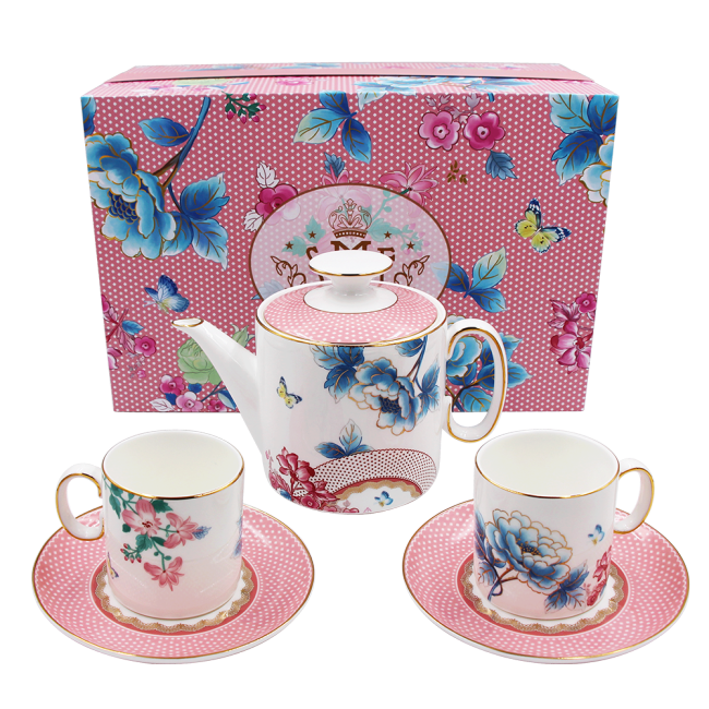 Pink flower decal Bone China Tea pot Set with Gift Box one 800ml Teapot two 200ml cup&saucer