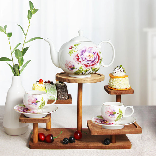 Patent Floral Design Fine Bone China Tea Pot Set Cup and Saucer Set 2 included with Embossed Real Gold Rim onglazed Decal Craft
