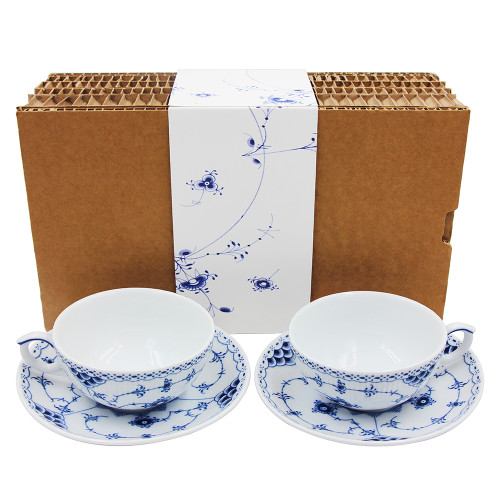 Elegant Qinghua Ceramic Pair Mugs Blue-White Porcelain Coffee Cup 6 oz and Saucer with Underglazed Decal Craft with Eco Raw Cardboard Mailing Box