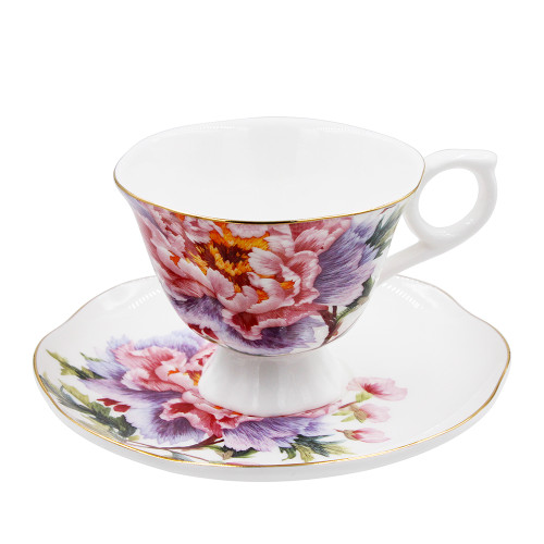 Luxury Fine Bone China 6 kinds of Shapes Cup and Saucer Set for Coffee and Tea with Poeny Flower Pattern Design with Real Gold Rim Decoration for Home and Office as Gift