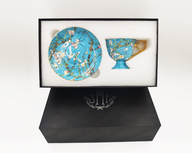 Collection High Class Chinaware Coffee Cup and Saucer by Ceramic Fine Bone China with Van Gogh Painting Floral Embossed Gold Apricot Blossom Decals
