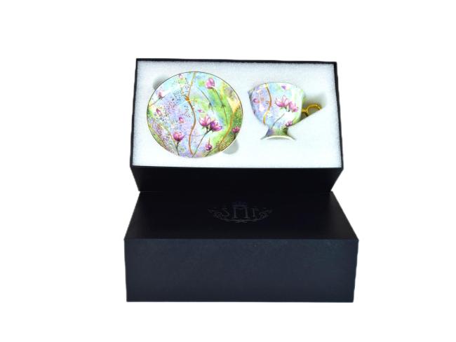 Fast Shipping Brand Fine Bone China Coffee & Tea 10 OZ Cup and Saucer Floral Lotus Design Full Decals with Real Gold Rim Tea Time Cups and Saucers set with Safe Paper gift box