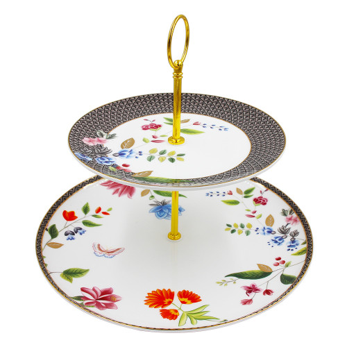 American Brand Luxury Fine Bone China 2 Ties Cake Stands with Shovel by Vivid Embossed Pretty Floral Design Onglazed Real Gold Rim Decorative Decal Craft Included 10.5 Inch Platter 7.5 inch Dish with Eco Friendly Cardboard Safe Mailing Box Package LFG