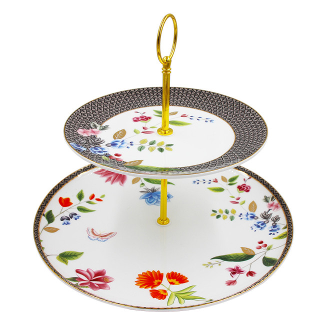 American Brand Luxury Fine Bone China 2 Ties Cake Stands with Shovel by Vivid Embossed Pretty Floral Design Onglazed Real Gold Rim Decorative Decal Craft Included 10.5 Inch Platter 7.5 inch Dish with Eco Friendly Cardboard Safe Mailing Box Package LFG
