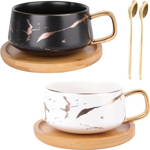 2 Pack Ceramic Tea Coffee Cup, 10 OZ Coffee Mug with 304 Stainless Steel Spoon and Bamboo Saucer, Marble Espresso Cups for Latte, Cappuccino, Americano, White and Black set