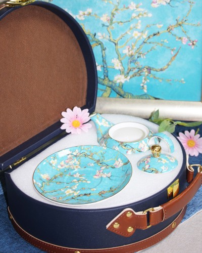Van Gogh Apricot Blossom 3D Embossed Gold Floral Decal Fine Bone China 2-in-1 Tea & Coffee Set by Protective Leather Travel Case
