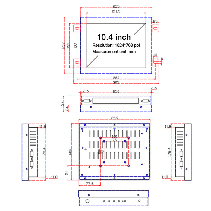 10.4 Inch industrial monitor,Hanging ear Embedded, Resolution 1024x768