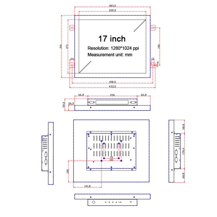 17 Inch industrial monitor,Hanging ear Embedded, Resolution 1280x1024