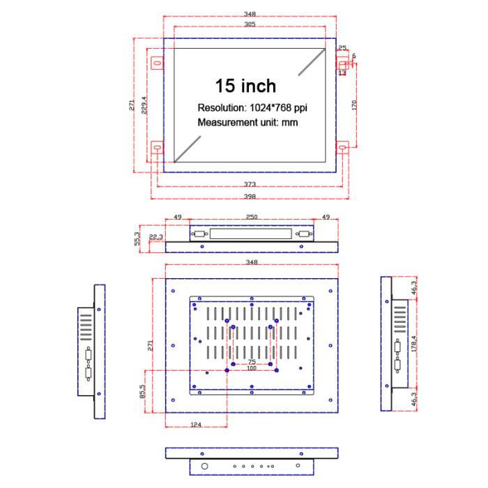15 Inch industrial monitor,Hanging ear Embedded, Resolution 1024x768