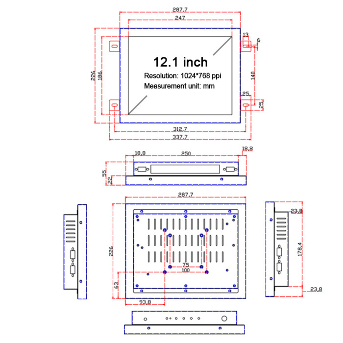 12.1 Inch industrial monitor,Hanging ear Embedded, Resolution 1024x768