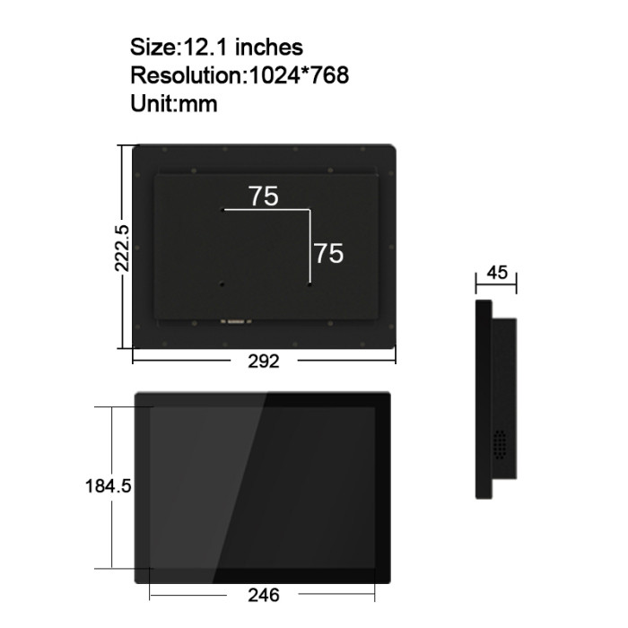 12.1 Inch ear-mounted industrial monitor, Capacitive touch, Waterproof front panel, Resolution: 1024*768