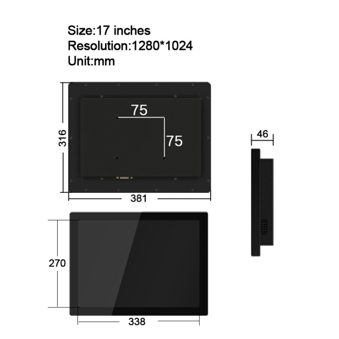 17 Inch ear-mounted industrial monitor, Capacitive touch, Waterproof front panel, Resolution: 1280*1024