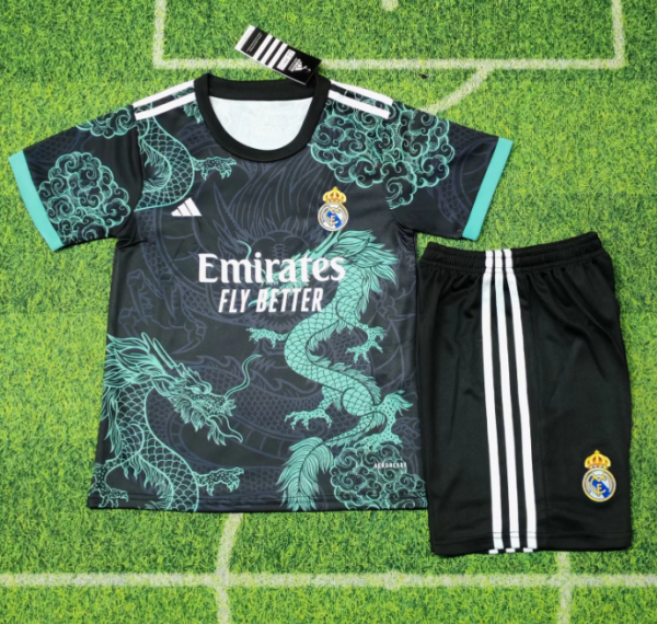 25/26 Real Madrid  Black and Green Dragon Special Edition kids Soccer jersey