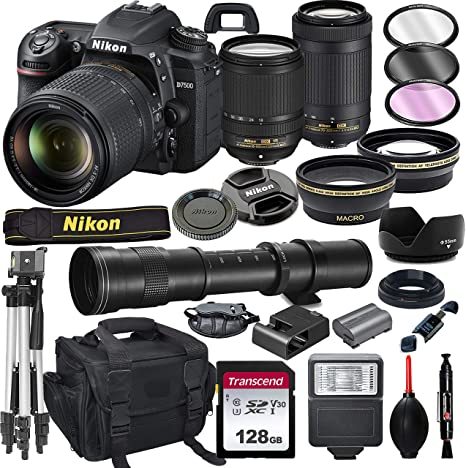 Nikon D7500 DSLR Camera with 18-140mm VR and 70-300mm Lens Bundle with 420-800mm Preset f/8 Telephoto Lens + 128GB Card, Tripod, Flash, and More (23pc Bundle)