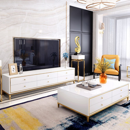 Light luxury tea table TV cabinet combination post modern stainless steel gilded small family living room tempered glass furniture